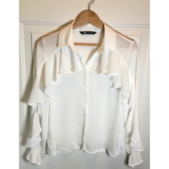 Zara Tops - Zara White Ruffle Tiered Button Down Blouse Smocked Cuff Long Sleeve Medium